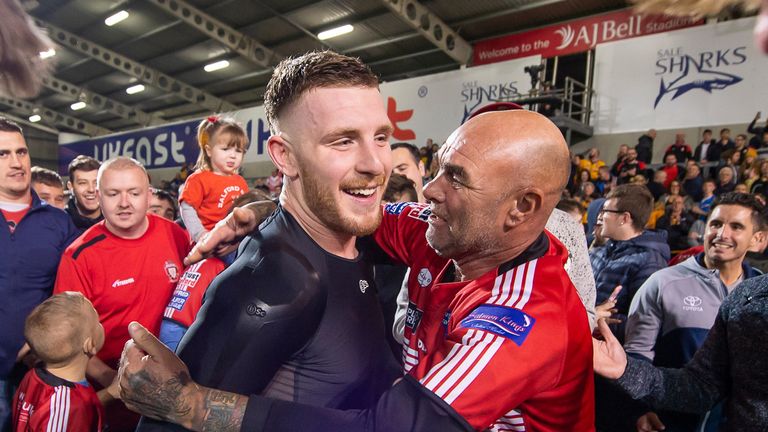 Picture by Allan McKenzie/SWpix.com - 27/09/2018 - Rugby League - Betfred Super League - Qualifier - Salford Red Devils v Toulouse Olympique - AJ Bell Stadium, Salford, England - Salford's Jackson Hastings thanks the fans for their support after victory over Toulouse.