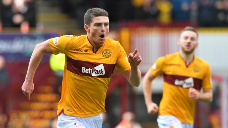 Jake Hastie wheels away in delight after firing Motherwell 1-0 in front on Sunday