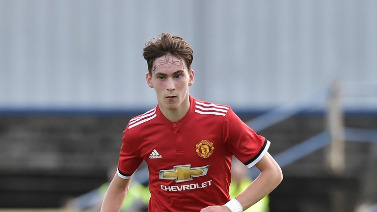James Garner of Manchester United during the NI Super Cup game between Manchester United u18s and Northern Ireland u18s at the Showgrounds on July 22, 2017 in Coleraine, Northern Ireland.