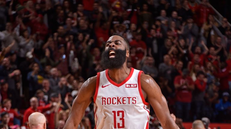 James Harden #13 of the Houston Rockets yells and celebrates during the game against the Orlando Magic on January 27, 2019 at the Toyota Center in Houston, Texas.