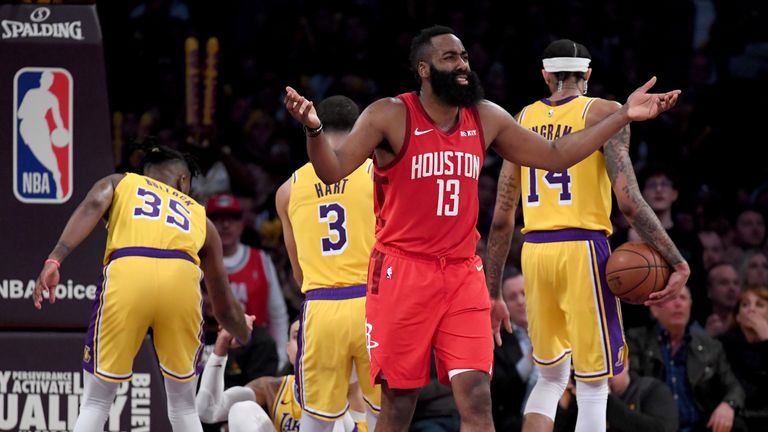 James Harden #13 of the Houston Rockets reacts to his fifth foul during a 111-106 loss to the Los Angeles Lakers win at Staples Center on February 21, 2019 in Los Angeles, California. 