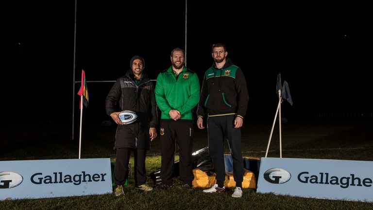 Northampton Saints players James Haskell, Tom Wood and Ken Pisi during the Gallagher Premiership Rugby Train with your Heroes at Northampton Old Scouts RFC, on February 12th 2019, Rushmere Road, Northamptone. Photo: Phil Mingo/ppauk/Gallagher