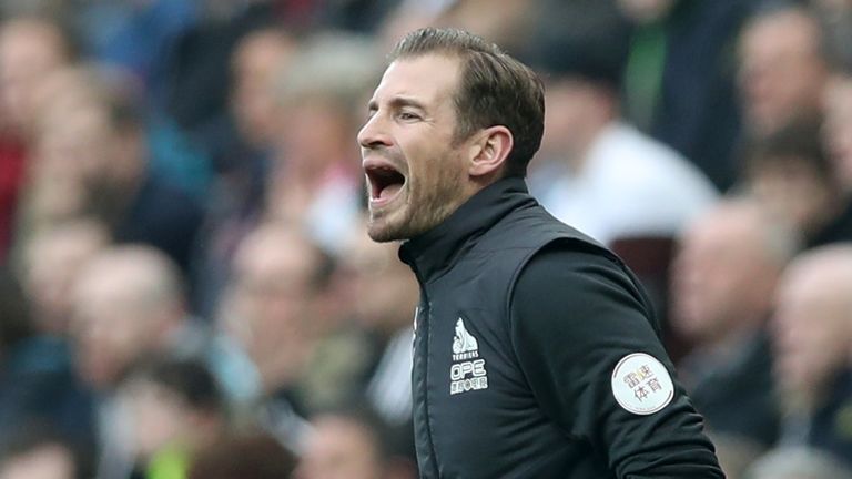 Jan Siewert, Manager of Huddersfield Town reacts during the Premier League match between Newcastle United and Huddersfield Town at St. James Park on February 23, 2019 in Newcastle upon Tyne, United Kingdom.