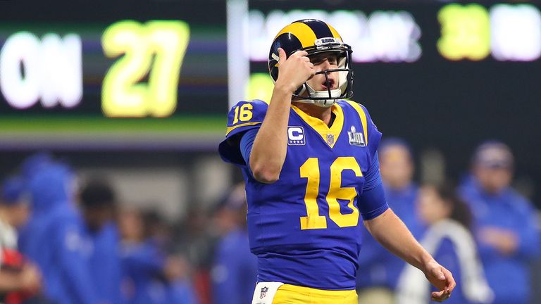 Jared Goff #16 of the Los Angeles Rams reacts against New England Patriots in the third quarter during Super Bowl LIII at Mercedes-Benz Stadium on February 03, 2019 in Atlanta, Georgia