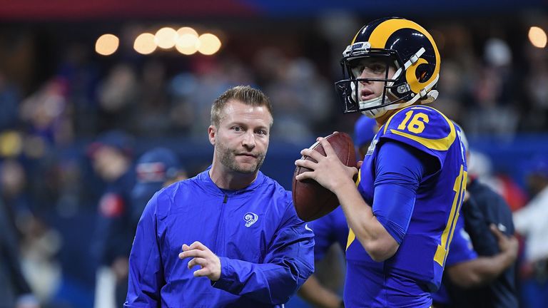 Sean McVay [left] and Jared Goff [right] during Super Bowl LIII at Mercedes-Benz Stadium on February 3, 2019 in Atlanta, Georgia.