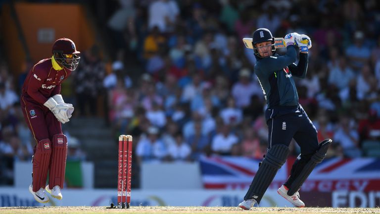 Jason Roy plays a shot against the Windies