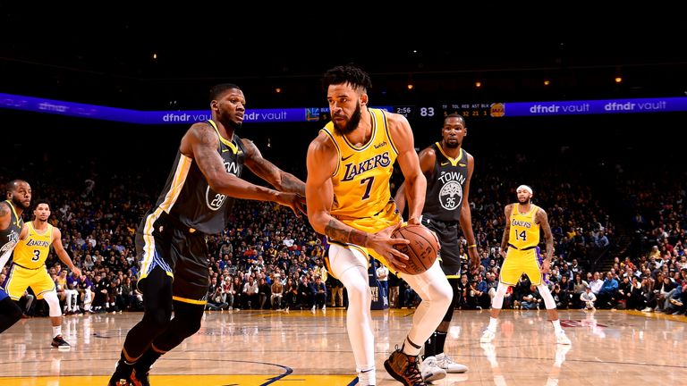 JaVale McGee #7 of the Los Angeles Lakers handles the ball against the Golden State Warriors on February 2, 2019 at ORACLE Arena in Oakland, California. 