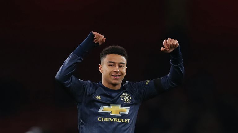 Jesse Lingard of Manchester United celebrates after the FA Cup Fourth Round match between Arsenal and Manchester United at Emirates Stadium on January 25, 2019 in London, United Kingdom.