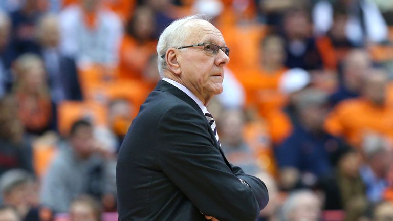 SYRACUSE, NY - DECEMBER 04:  Head coach Jim Boeheim of the Syracuse Orange reacts to a play against the Northeastern Huskies during the second half at the Carrier Dome on December 4, 2018 in Syracuse, New York. Syracuse defeated Northeastern 72-49. (Photo by Rich Barnes/Getty Images) *** Local Caption *** Jim Boeheim