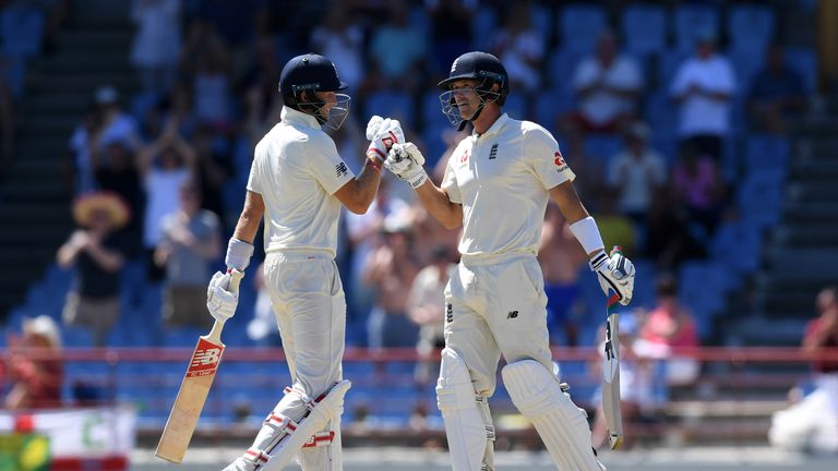 Joe Root congratulates Joe Denly on his maiden Test half-century