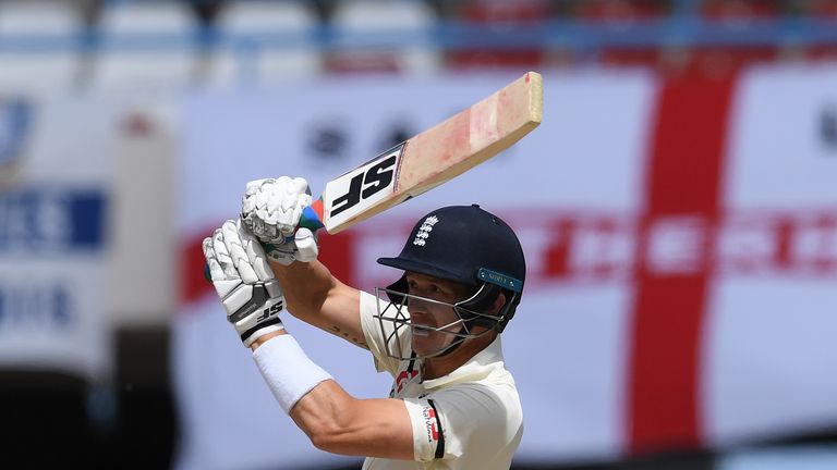 Joe Denly of England plays a shot during Day Three of the 2nd Test match between West Indies and England at Sir Vivian Richards Stadium on February 02, 2019 in Antigua, Antigua and Barbuda