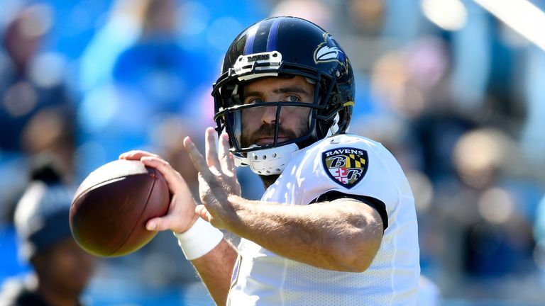 Joe Flacco #5 of the Baltimore Ravens warms up prior to their game against the Carolina Panthers at Bank of America Stadium on October 28, 2018 in Charlotte, North Carolina.