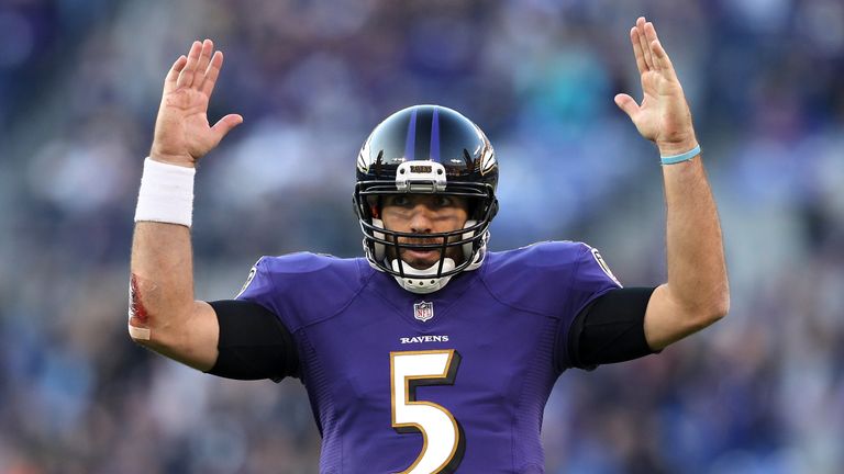 Quarterback Joe Flacco #5 of the Baltimore Ravens celebrates after a touchdown in the fourth quarter against the Detroit Lions at M&T Bank Stadium on December 3, 2017 in Baltimore, Maryland.