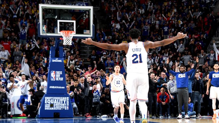 Joel Embiid of the Philadelphia 76ers reacts against the Los Angeles Lakers