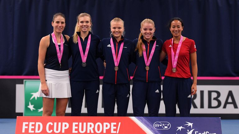 Johanna Konta, Katie Boulter, Harriet Dart, Katie Swan and Anne Keothavong of Great Britain pose with their medals after winning during Day Four of the Fed Cup Europe and Africa Zone Group I at the University of Bath on February 09, 2019 in Bath, England.