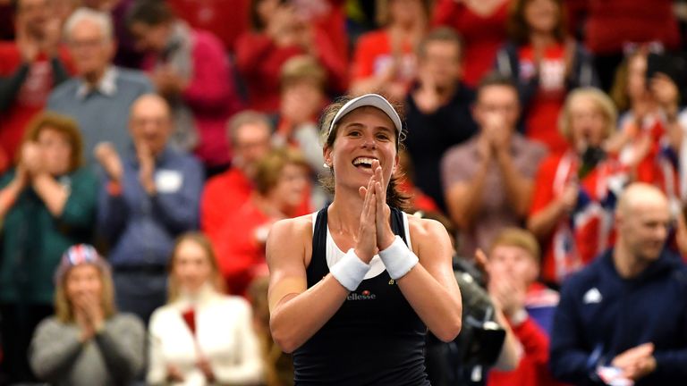 Johanna Konta of Great Britain celebrates winning her Europe/Africa Group A match against Maria Sakkari of Greece on Day Two of the Fed Cup 2019 at University of Bath on February 06, 2019 in Bath, England