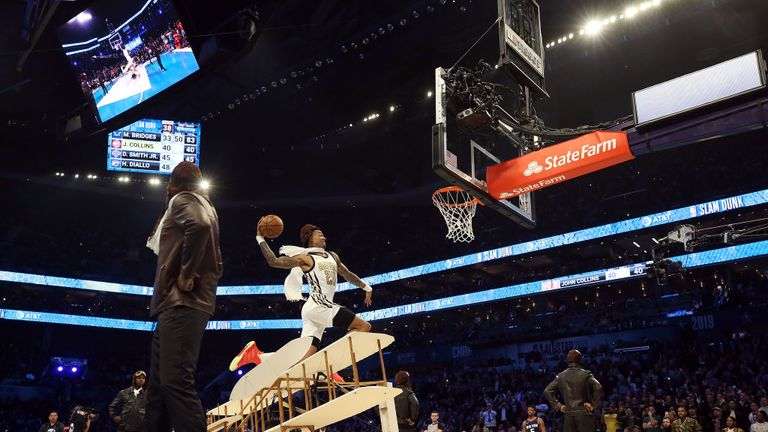 John Collins of the Atlanta Hawks goes up for a dunk during the Slam Dunk Challenge as part of the 2019 NBA All-Star Weekend