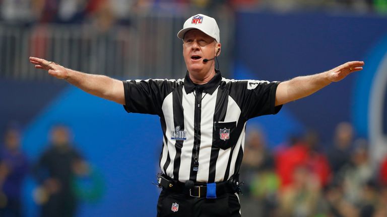 Referee John Perry in action in the second half during Super Bowl LIII at Mercedes-Benz Stadium on February 3, 2019 in Atlanta, Georgia