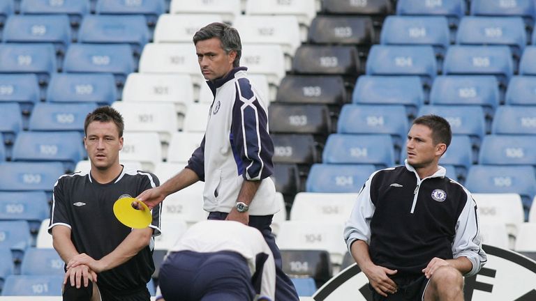 LONDON  - SEPTEMBER 12:  John Terry and Frank Lampard warm up in front of Jose Mourinho during the Chelsea training session at Stamford Bridge prior to Tuesday's Champion's League match against Anderlecht on September 12, 2005, in London, England  (Photo by Ben Radford/Getty Images) *** Local Caption *** John Terry;Frank Lampard;Jose Mourinho