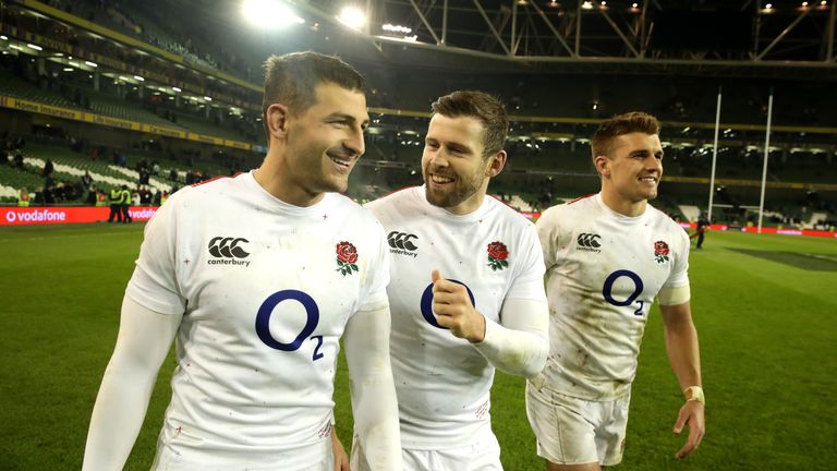 Johnny May celebrates England&#39;s win over Ireland with Elliot Daly