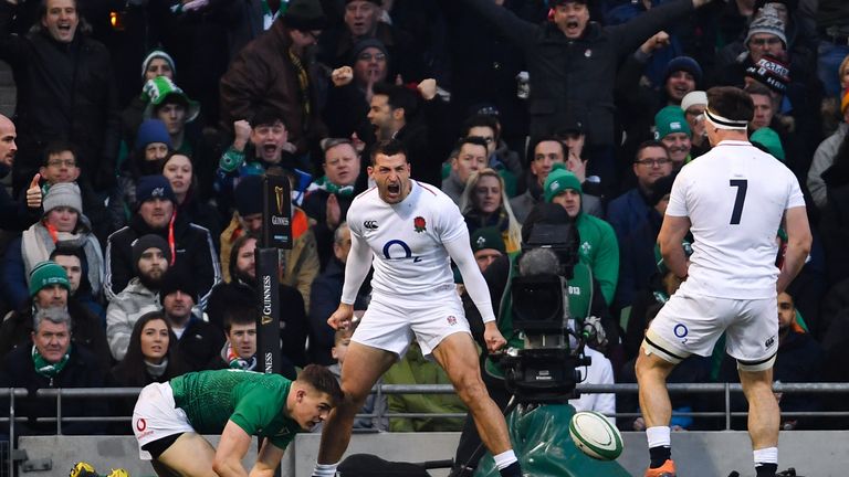 2 February 2019; Jonny May of England celebrates after scoring his side's first try during the Guinness Six Nations Rugby Championship match between Ireland and England in the Aviva Stadium in Dublin. Photo by Ramsey Cardy/Sportsfile