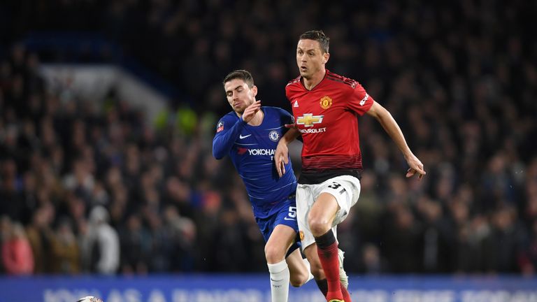 Jorginho and Nemanja Matic in the FA Cup tie between Chelsea and Manchester United at Stamford Bridge in February 2019
