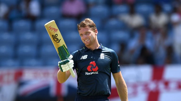 Jos Buttler celebrates his century in the fourth ODI against Windies