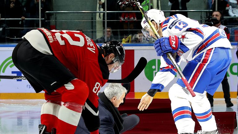 Jose Mourinho slips at a Russian Ice Hockey game