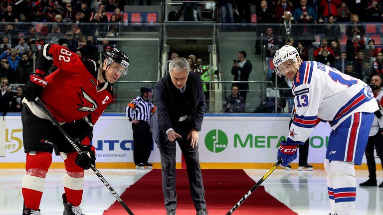 Jose Mourinho dropped the puck for the start of the ice hockey game in Russia