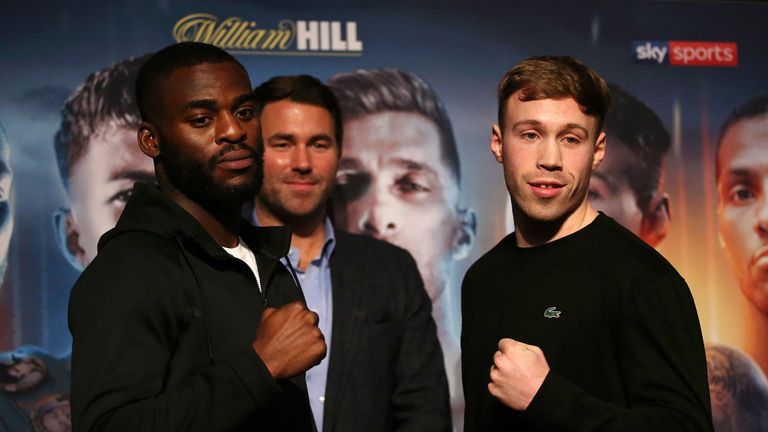 Joshua Buatsi and Liam Conroy pose for a photo during the Charlie Edwards vs Angel Moreno press conference at the Grange City Hotel