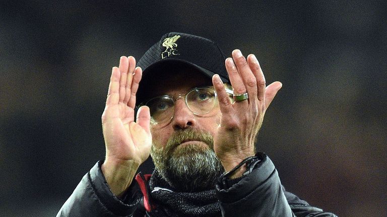 Jurgen Klopp applauds supporters after the 1-1 draw with West Ham at The London Stadium
