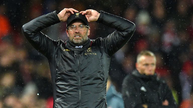 Jurgen Klopp gestures on the touchline during the UEFA Champions League round of 16, first leg between Liverpool and Bayern Munich