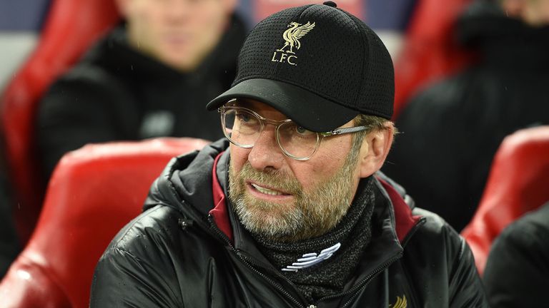 Liverpool&#39;s German manager Jurgen Klopp awaits kick off in the UEFA Champions League round of 16, first leg football match between Liverpool and Bayern Munich at Anfield stadium in Liverpool, north-west England on February 19, 2019