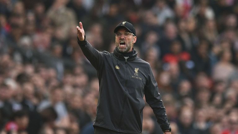 Jurgen Klopp gestures from the touchline during the 0-0 draw between Manchester United and Liverpool at Old Trafford