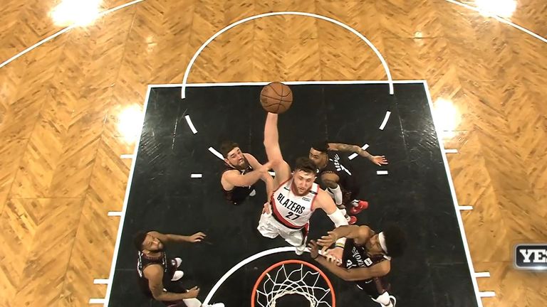 Jusuf Nurkic of the Portland Trail Blazers hits a massive dunk against the Brooklyn Nets