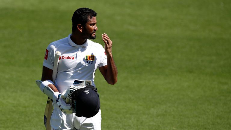 Dimuth Karunaratne of Sri Lanka looks dejected after being dismissed by Nathan Lyon of Australia during day one of the First Test match between Australia and Sri Lanka at The Gabba on January 24, 2019 in Brisbane, Australia. 