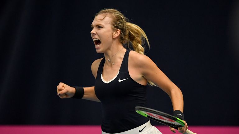 Katie Boulter of Great Britain celebrates a point during her Europe/Africa Group A match against Valentini Grammatikopoulou of Greece on Day Two of the Fed Cup 2019 at University of Bath on February 06, 2019 in Bath, England