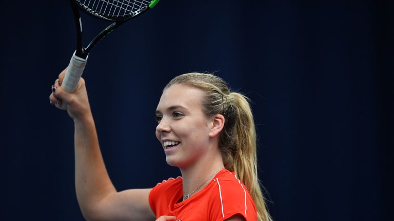 Katie Boulter of Great Britain reacts during Day Four of the Fed Cup Europe and Africa Zone Group I at the University of Bath on February 09, 2019 in Bath, England