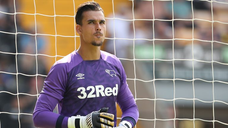 NOTTINGHAM, ENGLAND - JULY 14: Kelle Roos Goalkeeper of Derby County has a drink during a Pre-Season match between Notts County and Derby County at Meadow Lane Stadium on July 14, 2018 in Nottingham, England. (Photo by Ashley Allen/Getty Images)