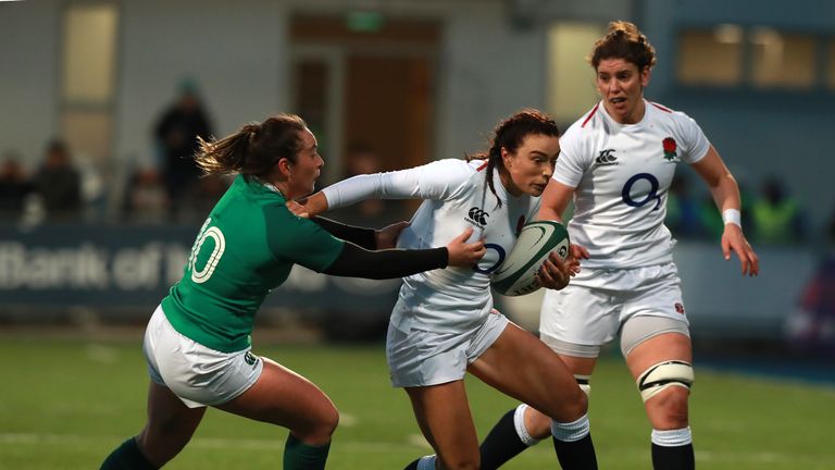 Kelly Smith takes on the Ireland defence during this year's Six Nations opener