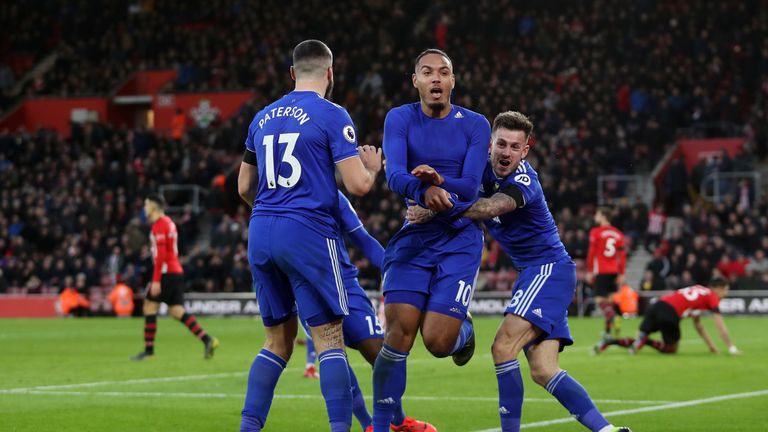 Kenneth Zohore is mobbed by team-mates following his injury-time winner at St Mary's Stadium