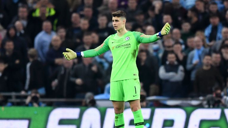 Kepa Arrizabalaga throws his arms out in frustration and refuses to be substituted during the Carabao Cup Final