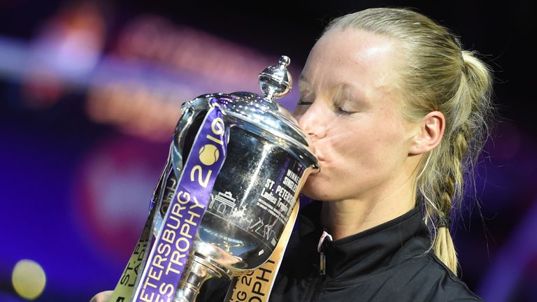 Netherlands' Kiki Bertens poses with the trophy after her victory over Croatia's Donna Vekic in their women's singles final match at the St. Petersburg Ladies Trophy tennis tournament at The Sibur Arena in Saint Petersburg on February 3, 2019