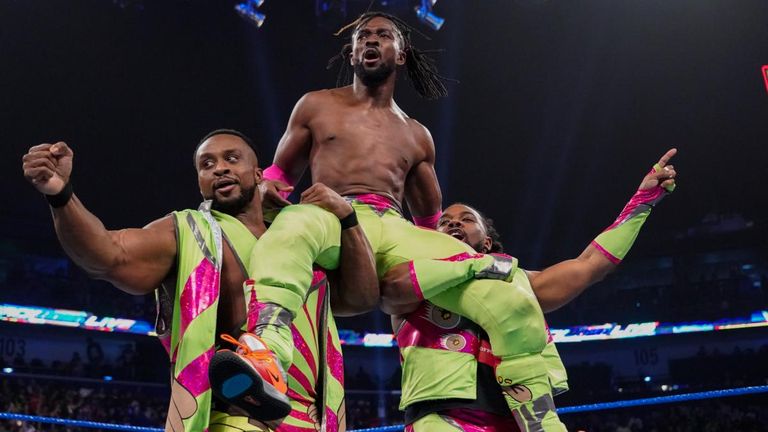 Kofi Kingston celebrating with The New Day after earning title shot for Fastlane