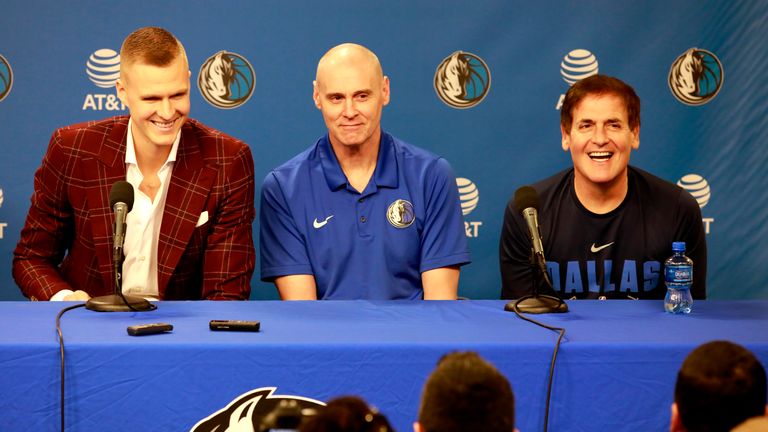 Newly acquired player Kristaps Porzingis, and Head Coach Rick Carlisle, and Mark Cuban talk to the media at the Dallas Mavericks introductory press conference on Feb 4, 2019 at the American Airlines Center in Dallas, Texas.