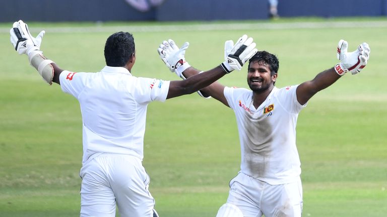 DURBAN, SOUTH AFRICA - FEBRUARY 16: Vishwa Fernando and Kusal Perera of Sri Lanka celebrates Sri Lanka win by one wicket during day 4 of the 1st Test match between South Africa and Sri Lanka at Kingsmead Stadium on February 16, 2019 in Durban, South Africa. (Photo by Lee Warren/Gallo Images)