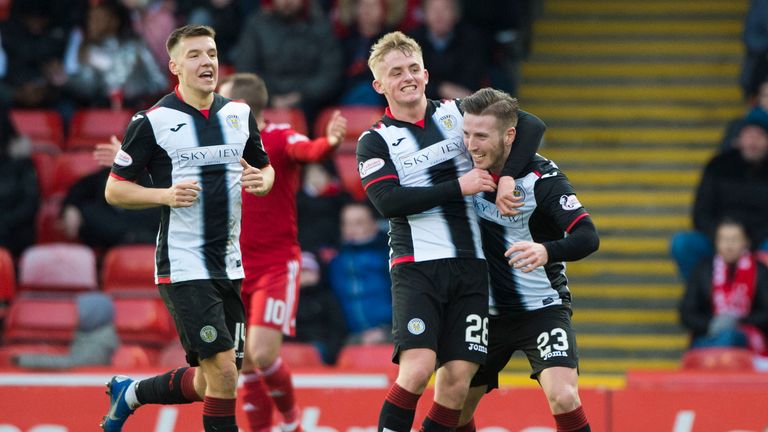 16/02/19 LADBROKES PREMIERSHIP.ABERDEEN v ST MIRREN.PITTODRIE - ABERDEEN.St Mirren's Kyle McAllister (R) celebrates his goal with his teammates.