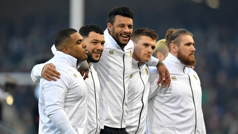 Kyle Sinckler, Ellis Genge, Courtney Lawes, Henry Slade and Harry Williams line up for the national anthems prior to England's win over Ireland. 