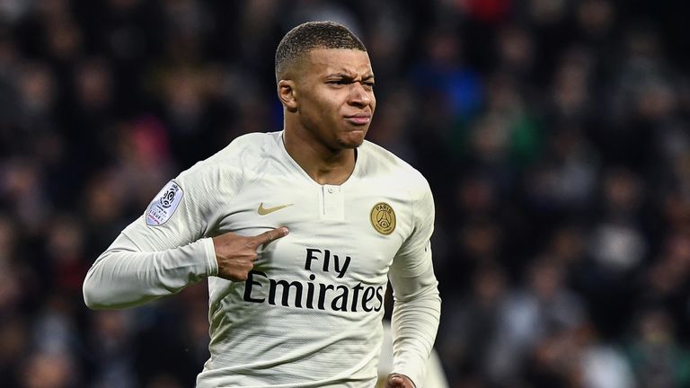 Kylian Mbappe celebrates scoring against St Etienne