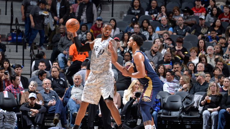 LaMarcus Aldridge #12 of the San Antonio Spurs posts up against the New Orleans Pelicans on February 2, 2019 at the AT&T Center in San Antonio, Texas. 